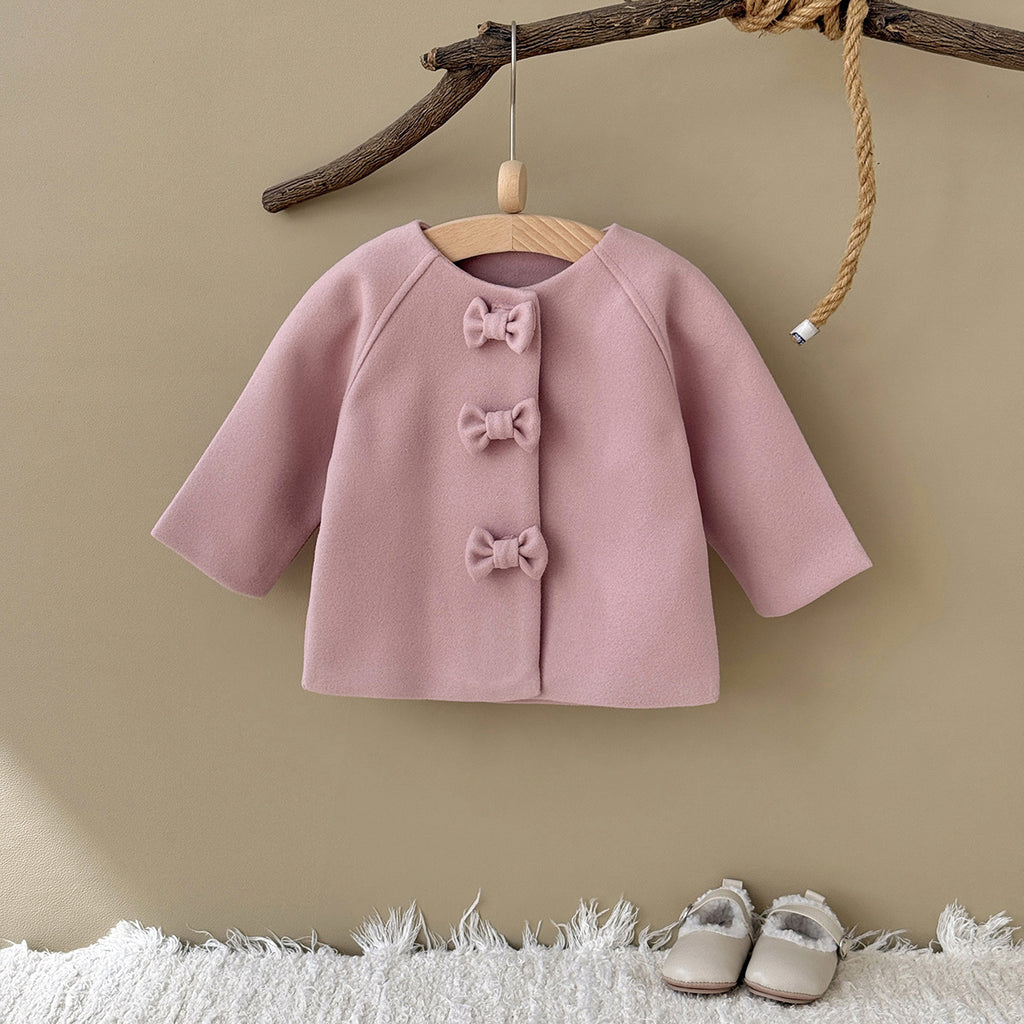 Girls' pink woolen coat with bow decoration and snap button children's clothing