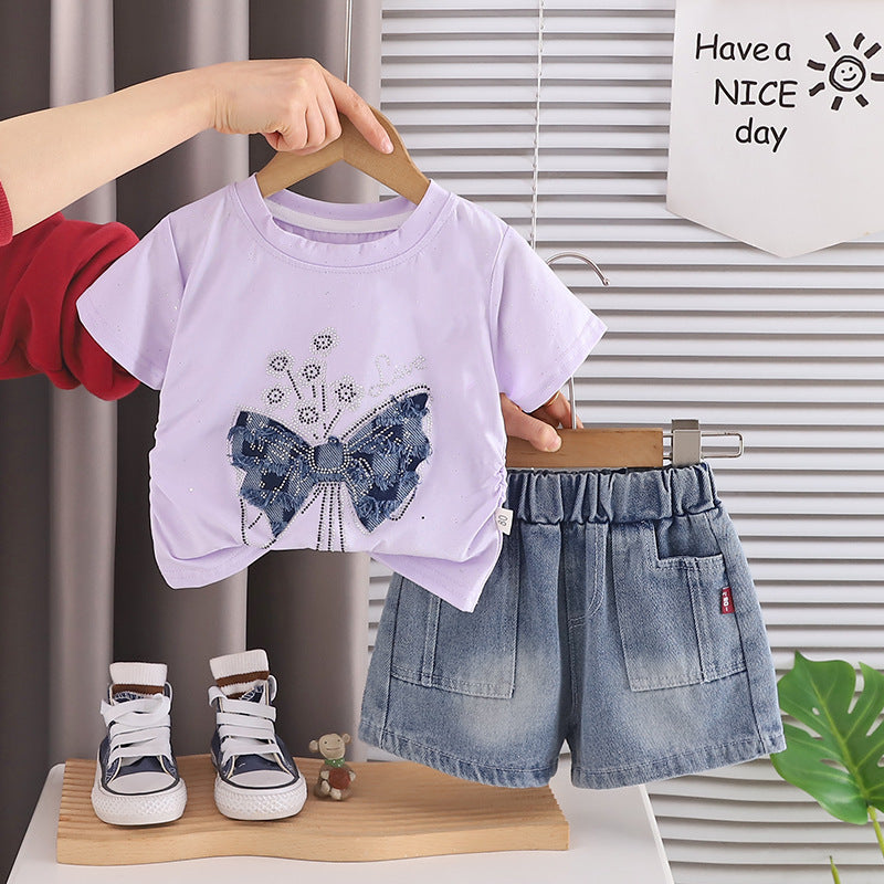 Two piece set of children's summer short sleeved thin clothing for girls