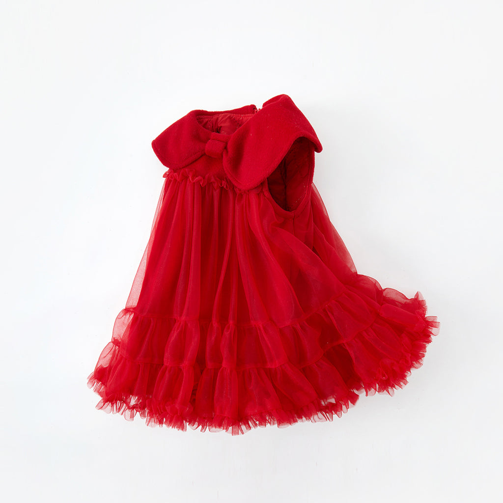 Warm Princess Dress for Baby Girls, Red Long Sleeve Winter Dress with Fleece Lining