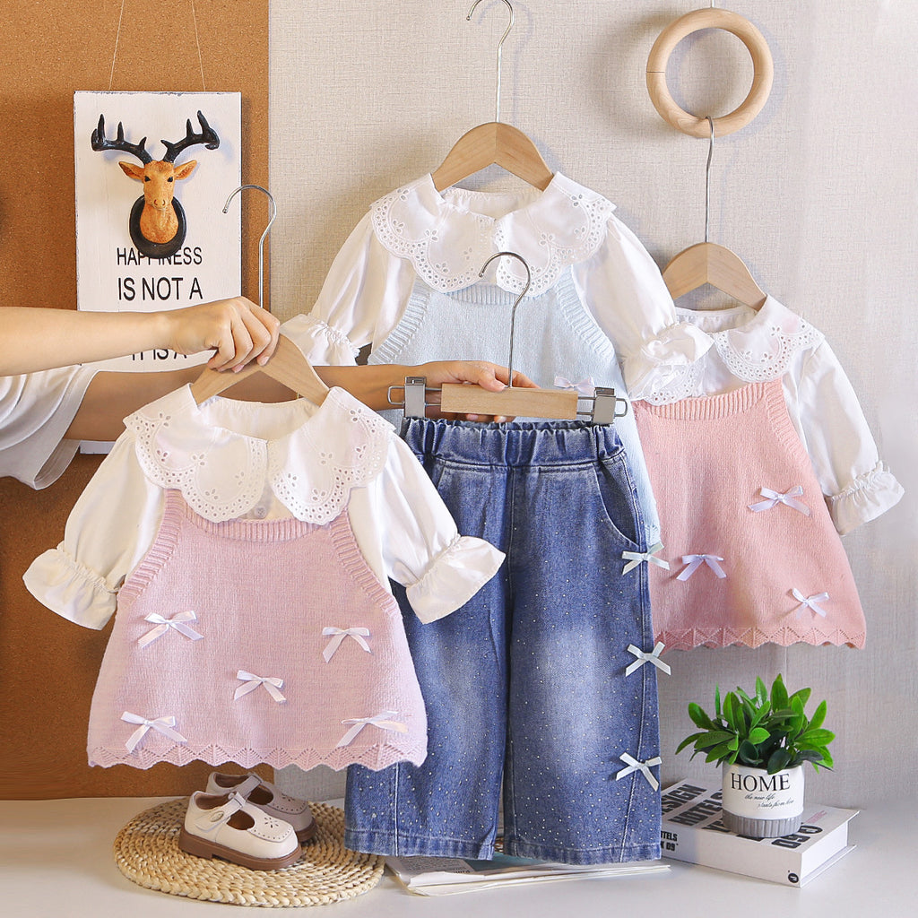Three piece set of spring and autumn suspender sweater for girls' clothing