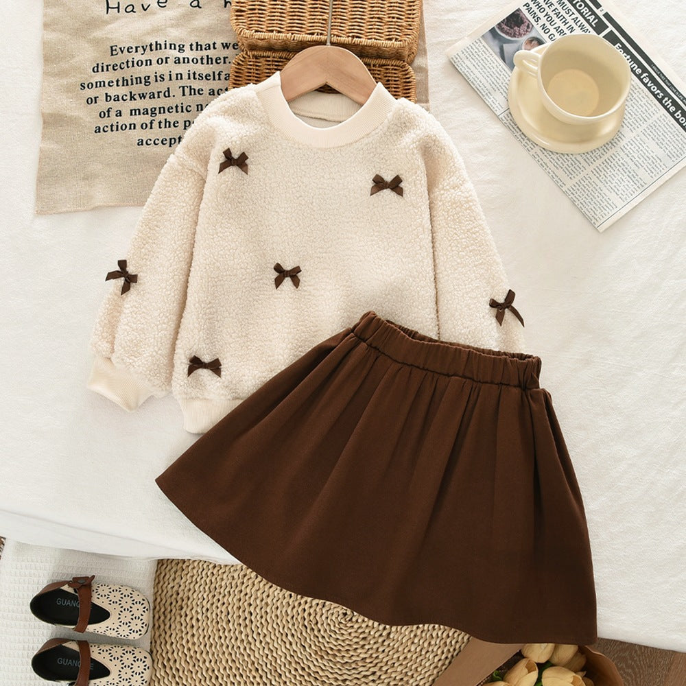 Child Girls Autumn Winter Set Dress with Bow, Beige Teddy Fleece Long Sleeve Top and Khaki Short Skirt Simple Two-Piece Set